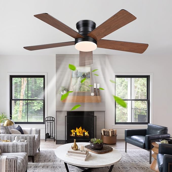 Flush Mount Ceiling Fan with Light and Remote/APP - 48" Low Profile Ceiling Fan with 3CCT Dimmable, 5 Reversible Blades