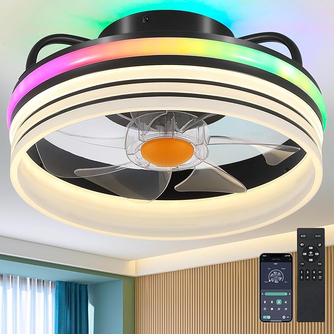 Flush Mount Ceiling Fan with Light - Small Low Profile Ceiling Fan,13" RGB Dimmable LED Bladeless Ceiling Fans