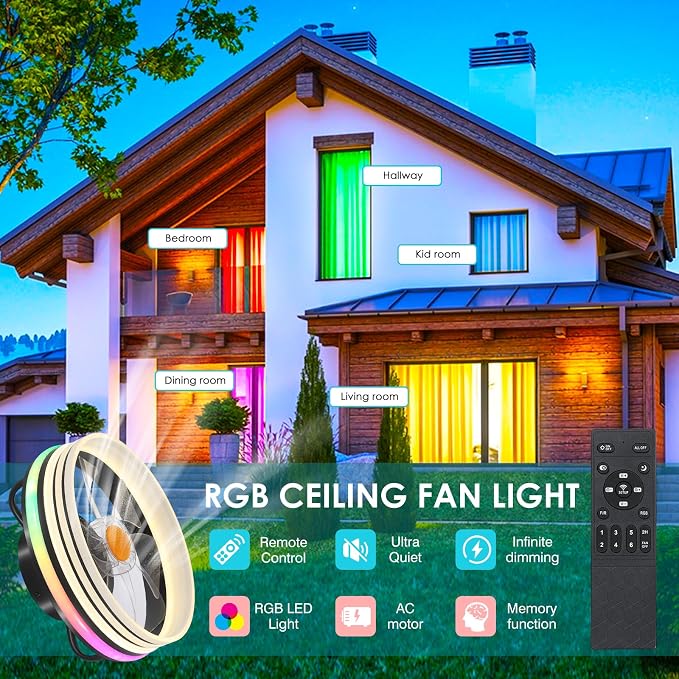 Flush Mount Ceiling Fan with Light - Small Low Profile Ceiling Fan,13" RGB Dimmable LED Bladeless Ceiling Fans, alternate