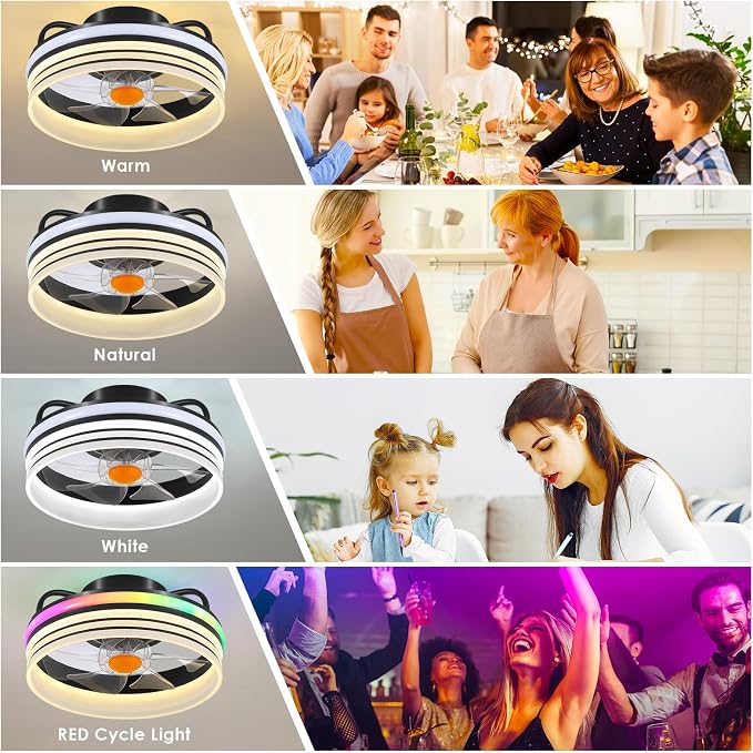 Flush Mount Ceiling Fan with Light - Small Low Profile Ceiling Fan,13" RGB Dimmable LED Bladeless Ceiling Fans, alternate