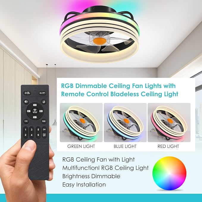 Flush Mount Ceiling Fan with Light - Small Low Profile Ceiling Fan,13" RGB Dimmable LED Bladeless Ceiling Fans, alternate