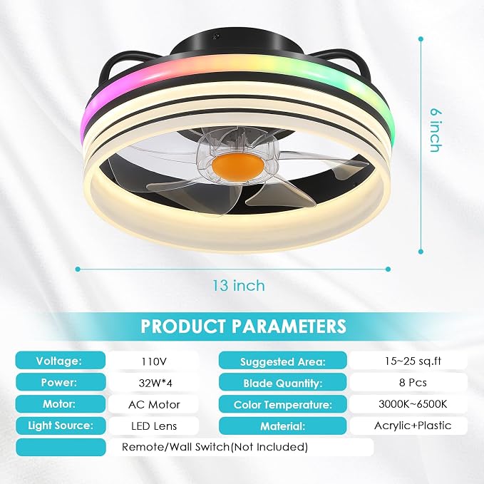 Flush Mount Ceiling Fan with Light - Small Low Profile Ceiling Fan,13" RGB Dimmable LED Bladeless Ceiling Fans, alternate