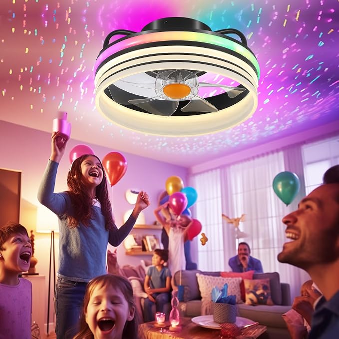 Flush Mount Ceiling Fan with Light - Small Low Profile Ceiling Fan,13" RGB Dimmable LED Bladeless Ceiling Fans, alternate