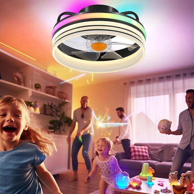 Flush Mount Ceiling Fan with Light - Small Low Profile Ceiling Fan,13" RGB Dimmable LED Bladeless Ceiling Fans, alternate