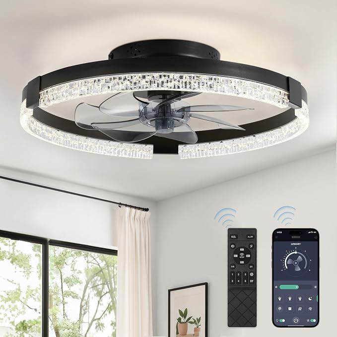 Flush Mount Ceiling Fan with Lights and Remote, 19.7'' Low Profile, 3000-6000K Dimmable Fandelier, 6 Wind Speeds, Black