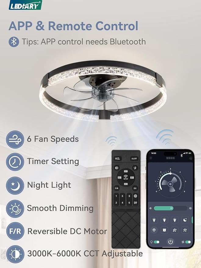 Flush Mount Ceiling Fan with Lights and Remote, 19.7'' Low Profile, 3000-6000K Dimmable Fandelier, 6 Wind Speeds, Black