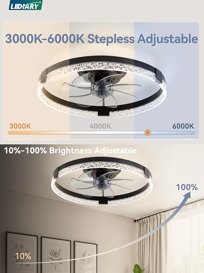 Flush Mount Ceiling Fan with Lights and Remote, 19.7'' Low Profile, 3000-6000K Dimmable Fandelier, 6 Wind Speeds, Black