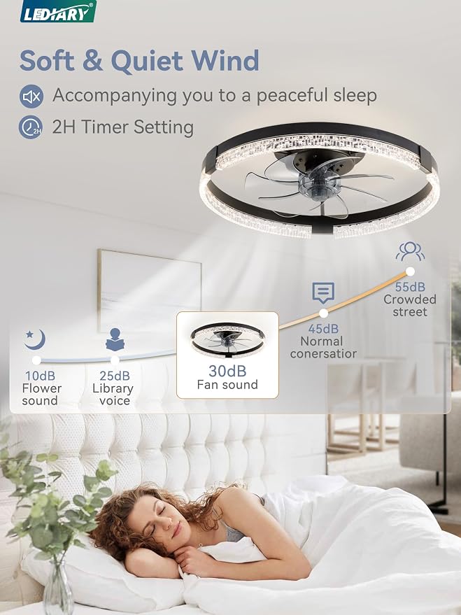 Flush Mount Ceiling Fan with Lights and Remote, 19.7'' Low Profile, 3000-6000K Dimmable Fandelier, 6 Wind Speeds, Black