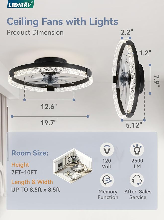 Flush Mount Ceiling Fan with Lights and Remote, 19.7'' Low Profile, 3000-6000K Dimmable Fandelier, 6 Wind Speeds, Black