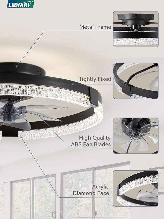 Flush Mount Ceiling Fan with Lights and Remote, 19.7'' Low Profile, 3000-6000K Dimmable Fandelier, 6 Wind Speeds, Black