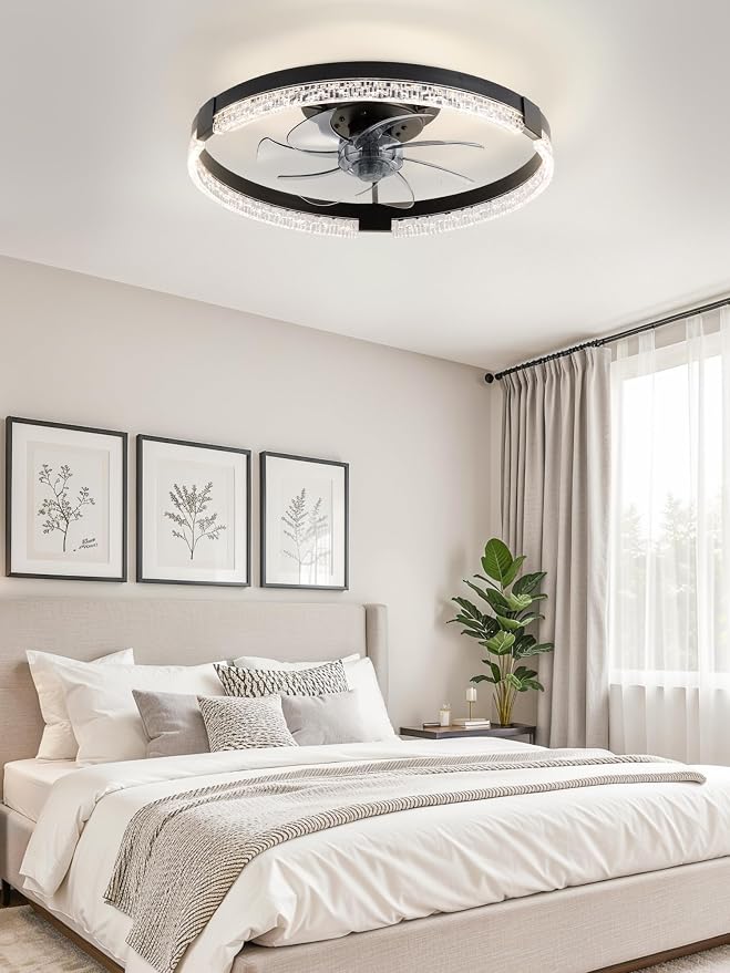 Flush Mount Ceiling Fan with Lights and Remote, 19.7'' Low Profile, 3000-6000K Dimmable Fandelier, 6 Wind Speeds, Black