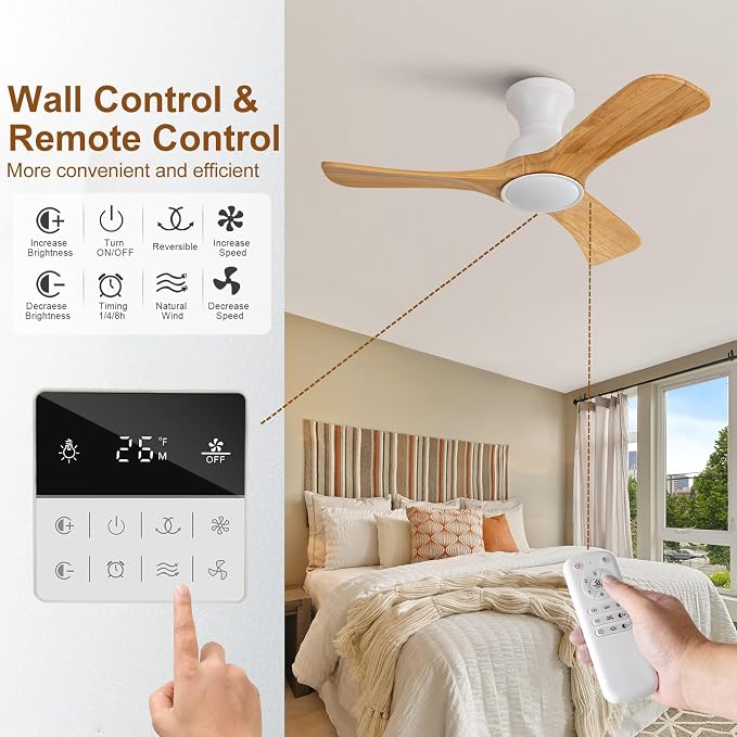 Flush Mount Ceiling Fans with Lights,36 inch,Remote Control,Wall Switch,Solid Wood Blades,Dimmable,Reversible