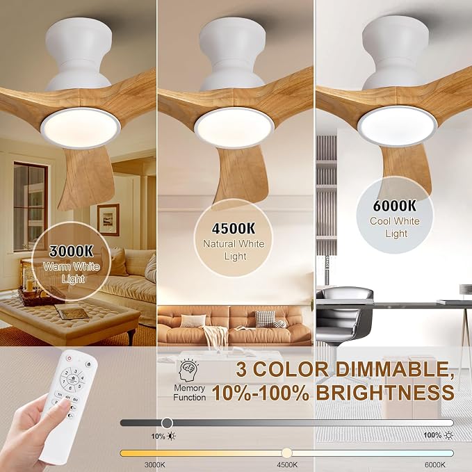 Flush Mount Ceiling Fans with Lights,36 inch,Remote Control,Wall Switch,Solid Wood Blades,Dimmable,Reversible