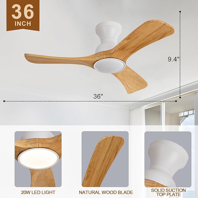 Flush Mount Ceiling Fans with Lights,36 inch,Remote Control,Wall Switch,Solid Wood Blades,Dimmable,Reversible
