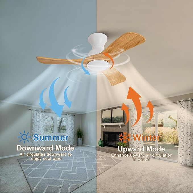 Flush Mount Ceiling Fans with Lights,36 inch,Remote Control,Wall Switch,Solid Wood Blades,Dimmable,Reversible