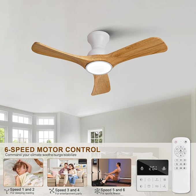 Flush Mount Ceiling Fans with Lights,36 inch,Remote Control,Wall Switch,Solid Wood Blades,Dimmable,Reversible