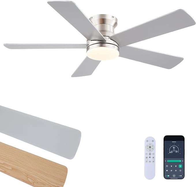 Flush Mount Low Profile Ceiling Fans with Lights - Modern Ceiling Fan with LED Dimming, Timer, 6Wind Speeds, Indoor Fan Light