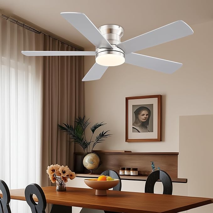 Flush Mount Low Profile Ceiling Fans with Lights - Modern Ceiling Fan with LED Dimming, Timer, 6Wind Speeds, Indoor Fan Light