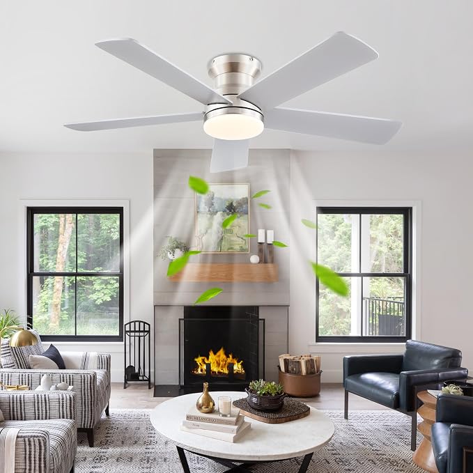 Flush Mount Low Profile Ceiling Fans with Lights - Modern Ceiling Fan with LED Dimming, Timer, 6Wind Speeds, Indoor Fan Light