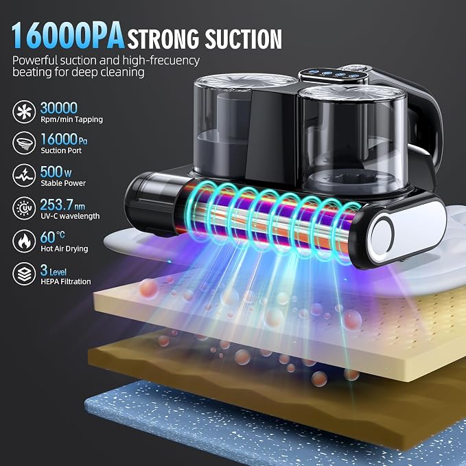 Mattress Vacuum Bed Vacuum Cleaner 16Kpa Suction 253.7nm UV-C Light, 140°F Heated Air, 30000 RPM