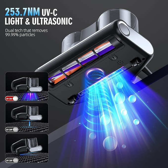 Mattress Vacuum Bed Vacuum Cleaner 16Kpa Suction 253.7nm UV-C Light, 140°F Heated Air, 30000 RPM