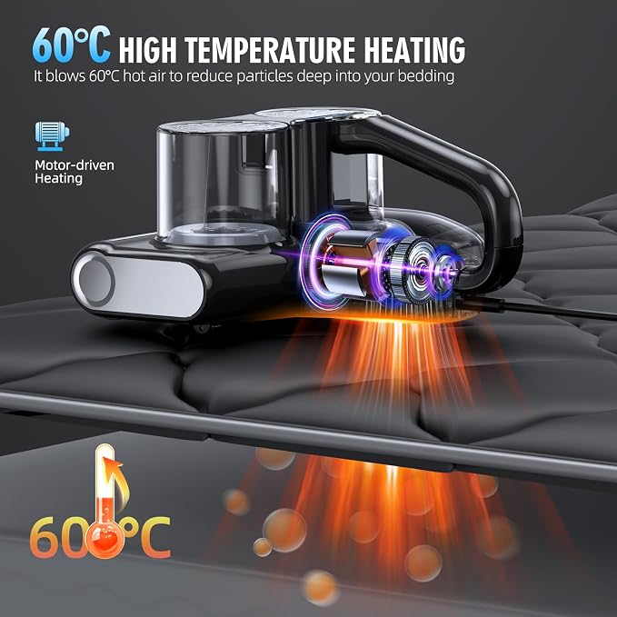 Mattress Vacuum Bed Vacuum Cleaner 16Kpa Suction 253.7nm UV-C Light, 140°F Heated Air, 30000 RPM