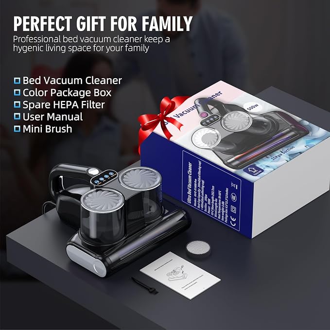 Mattress Vacuum Bed Vacuum Cleaner 16Kpa Suction 253.7nm UV-C Light, 140°F Heated Air, 30000 RPM