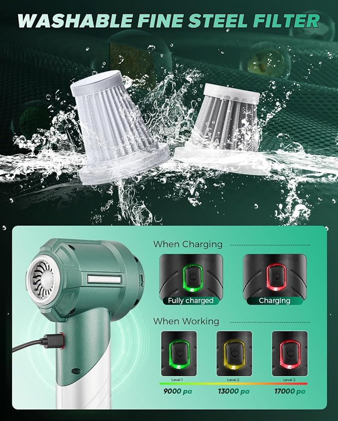 Foldable Handheld Car Vacuum Cleaner Portable Cordless, 17000PA High Power Mini Vacuum Cleaner and Air Duster with Brushless