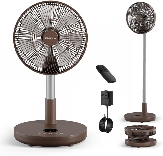 Foldable Standing Fan 12" Portable Rechargeable Battery Pedestal Fan with Remote, Timer Setting, Height Adjustable, for Home
