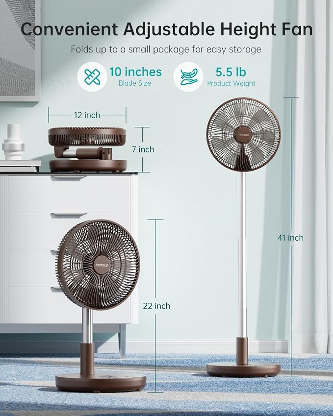 Foldable Standing Fan 12" Portable Rechargeable Battery Pedestal Fan with Remote, Timer Setting, Height Adjustable, for Home