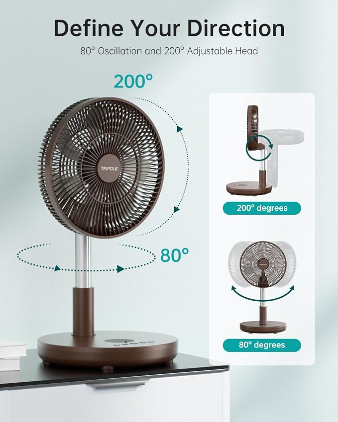 Foldable Standing Fan 12" Portable Rechargeable Battery Pedestal Fan with Remote, Timer Setting, Height Adjustable, for Home