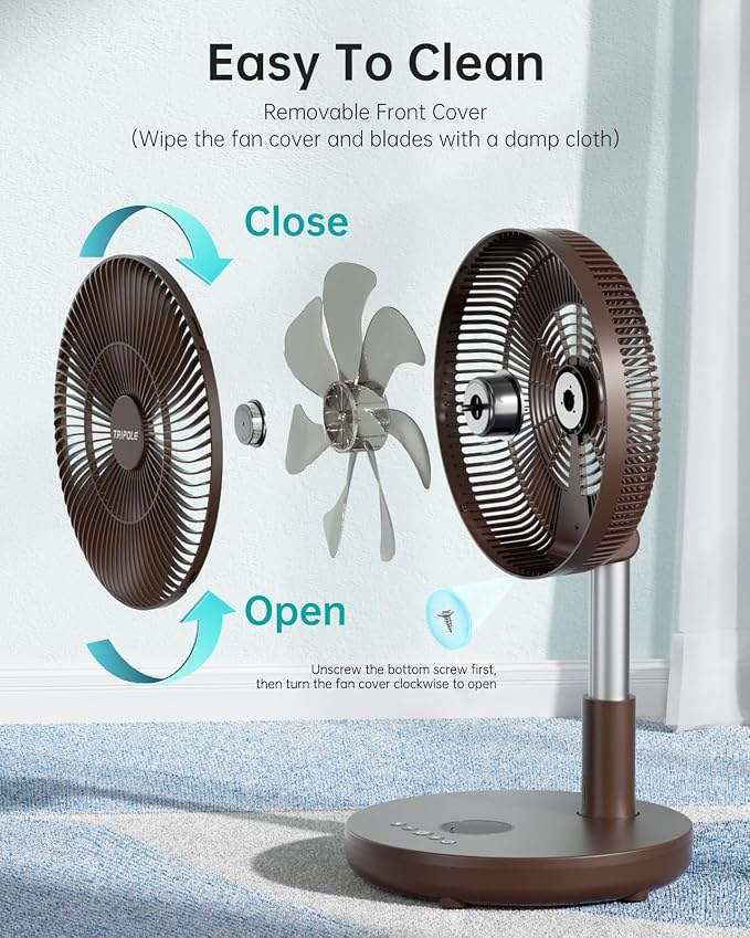 Foldable Standing Fan 12" Portable Rechargeable Battery Pedestal Fan with Remote, Timer Setting, Height Adjustable, for Home