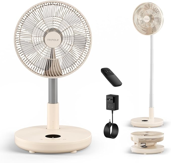Foldable Standing Fan 12" Portable Rechargeable Battery Pedestal Fan with Remote, Timer Setting, Height Adjustable, for Home
