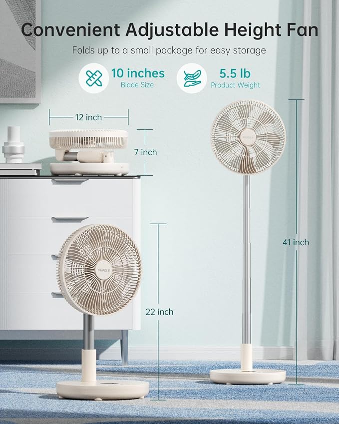 Foldable Standing Fan 12" Portable Rechargeable Battery Pedestal Fan with Remote, Timer Setting, Height Adjustable, for Home