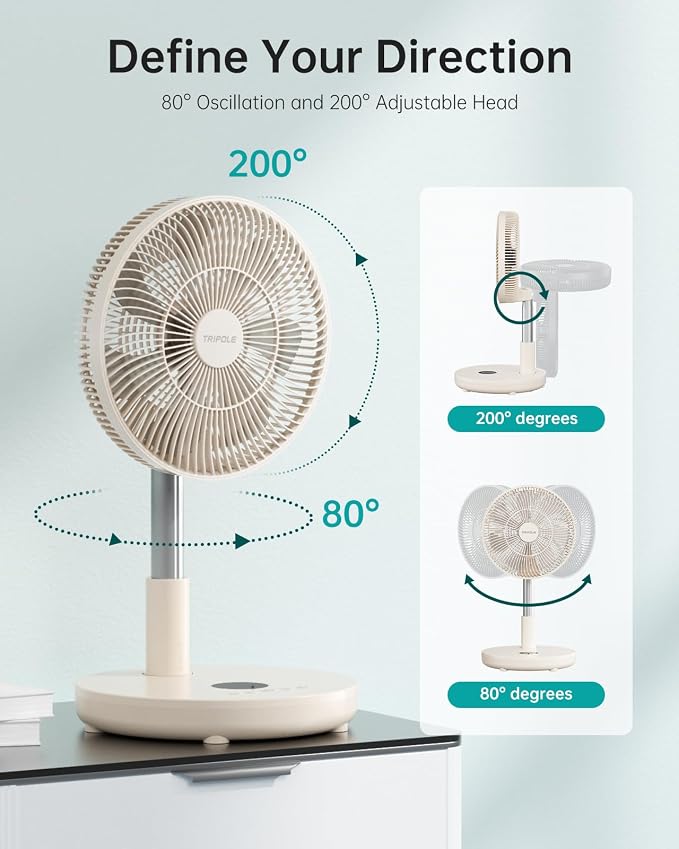 Foldable Standing Fan 12" Portable Rechargeable Battery Pedestal Fan with Remote, Timer Setting, Height Adjustable, for Home