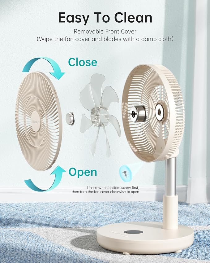 Foldable Standing Fan 12" Portable Rechargeable Battery Pedestal Fan with Remote, Timer Setting, Height Adjustable, for Home