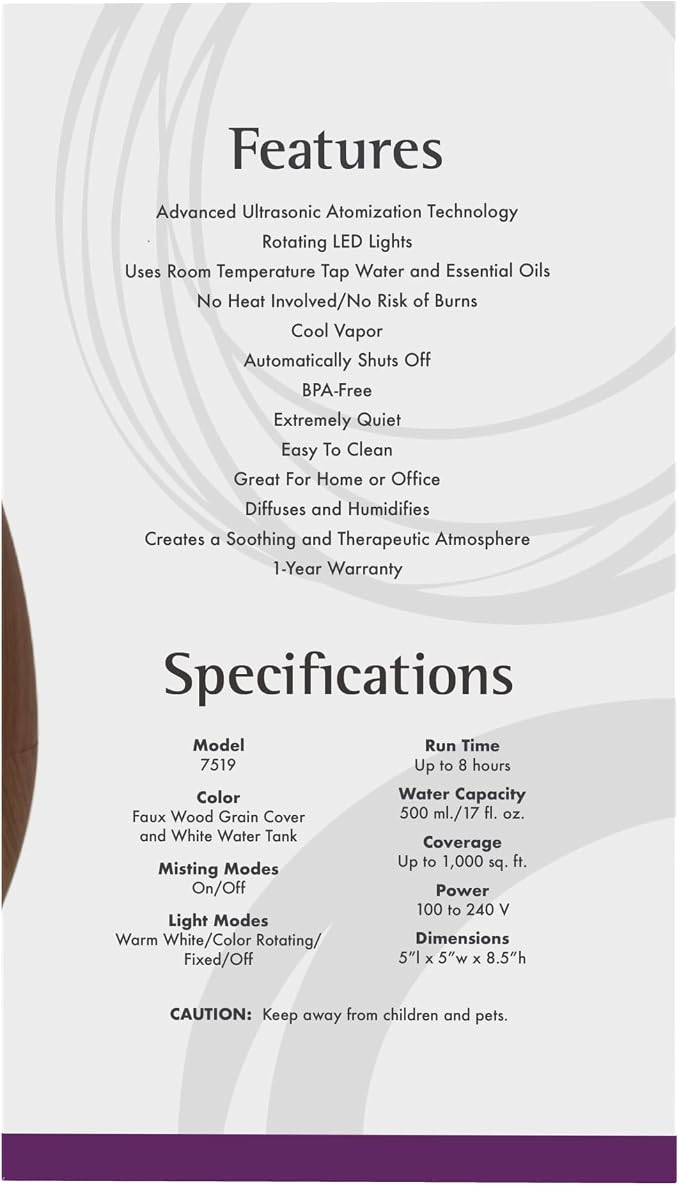 Foods Essential Oils, Ultrasonic Faux Wood Aromatherapy Oil Diffuser, Contemporary Design, Extremely Quiet Heat Free