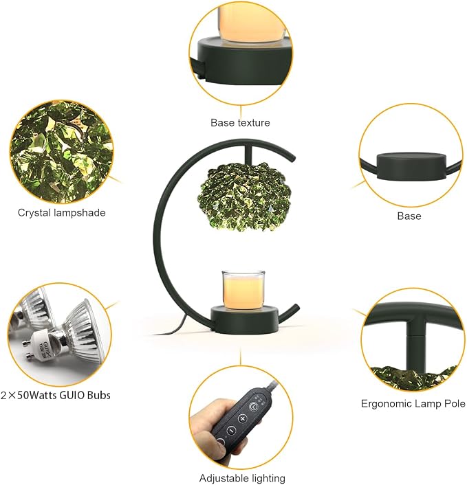 for Jar Candles with Adjustable Brightness&Timer,Handcrafted Green Crystal Candle Lamp Luxurious Design+2Bulbs,Home