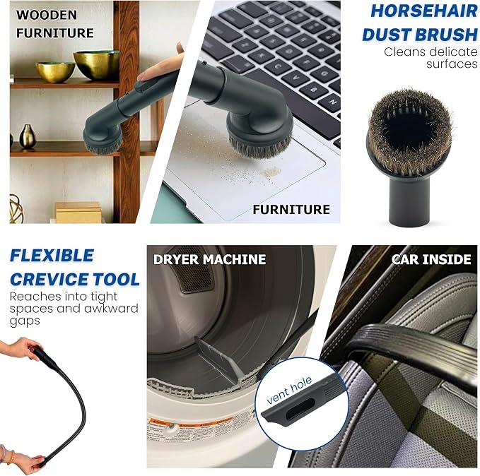 For Vacuum Cleaner Attachments for Carpet, Tile Hard Floors, Dryer Vent, Corner, Car Detailing -Horsehair Hardwood