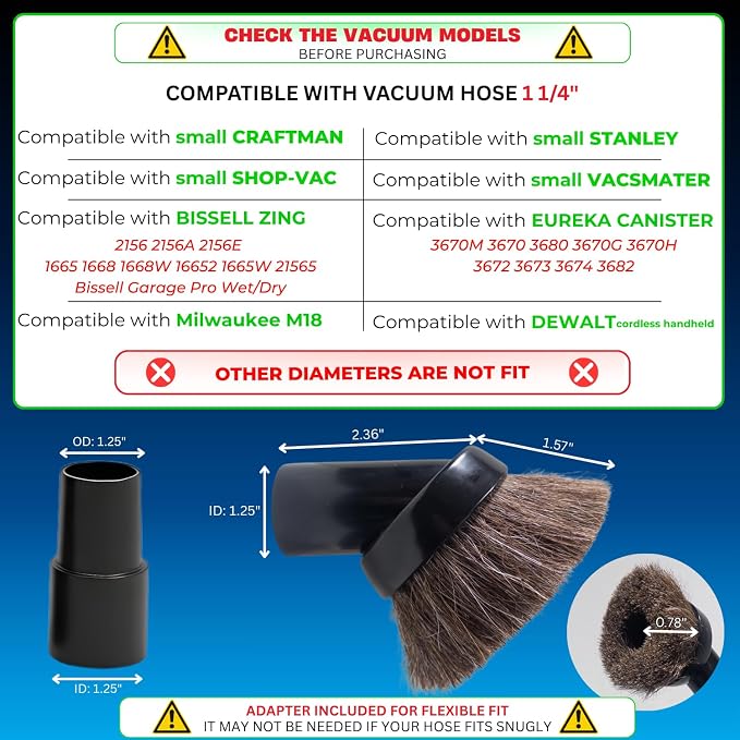 for Shop Vacs Replacement Vacuum Brush Attachment 1.25 Inch (32mm) with Soft Horsehair Bristles - 1-1/4'' Vacuum Accessories