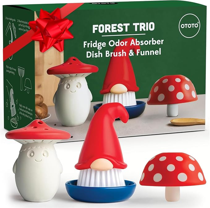 Forest Trio Bundle of Beardy, Magic Mushroom, Fun Guy - Gnomes Dish Brush, Fungilicious Kitchen Funnel, Fridge Deodorizer