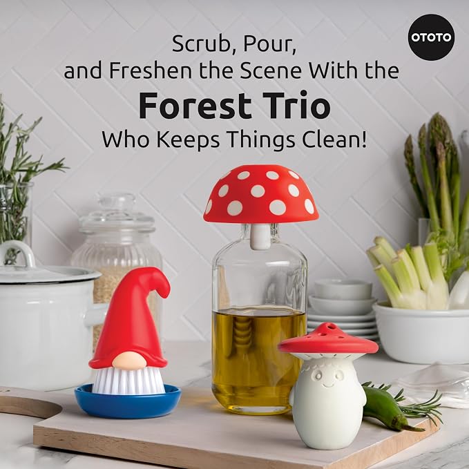 Forest Trio Bundle of Beardy, Magic Mushroom, Fun Guy - Gnomes Dish Brush, Fungilicious Kitchen Funnel, Fridge Deodorizer