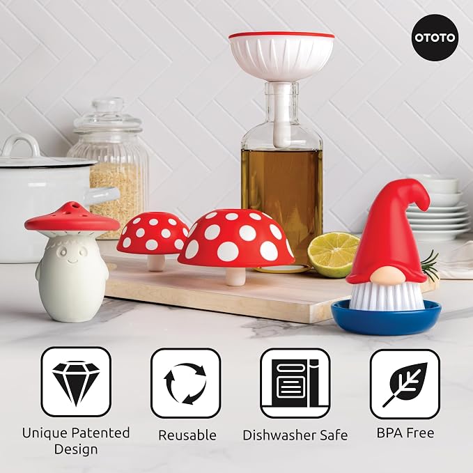 Forest Trio Bundle of Beardy, Magic Mushroom, Fun Guy - Gnomes Dish Brush, Fungilicious Kitchen Funnel, Fridge Deodorizer