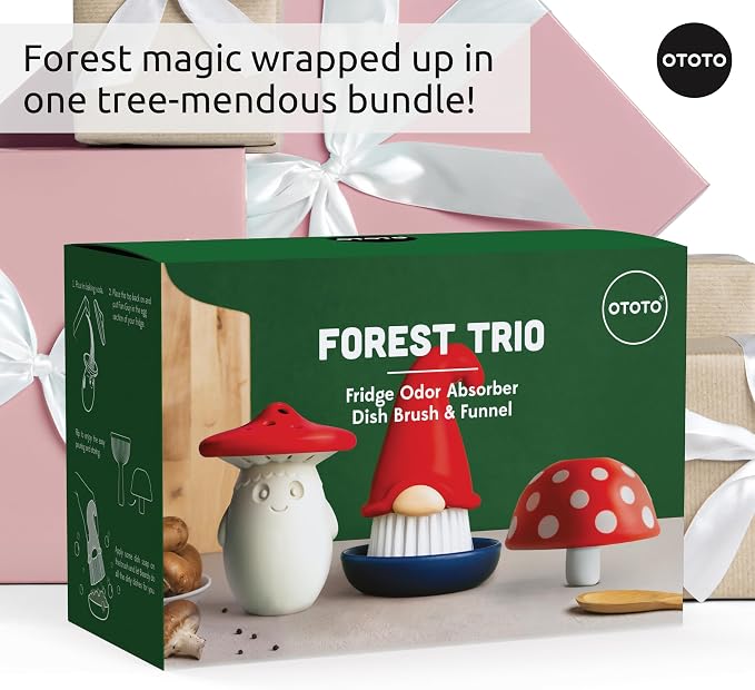 Forest Trio Bundle of Beardy, Magic Mushroom, Fun Guy - Gnomes Dish Brush, Fungilicious Kitchen Funnel, Fridge Deodorizer