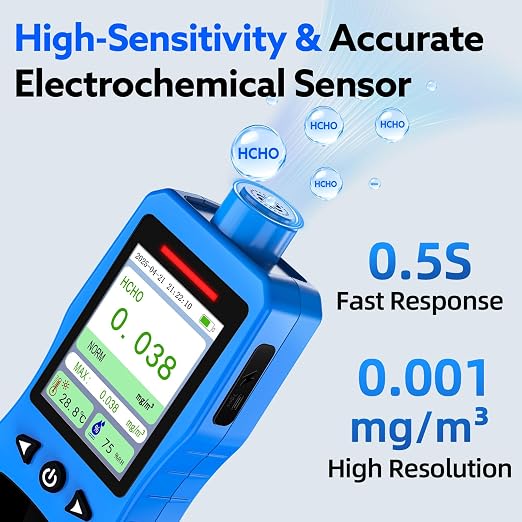 Formaldehyde Detector, Rechargeable HCHO Monitor with Vibration, Visual & Sound Alarms, Temperature Humidity Meter