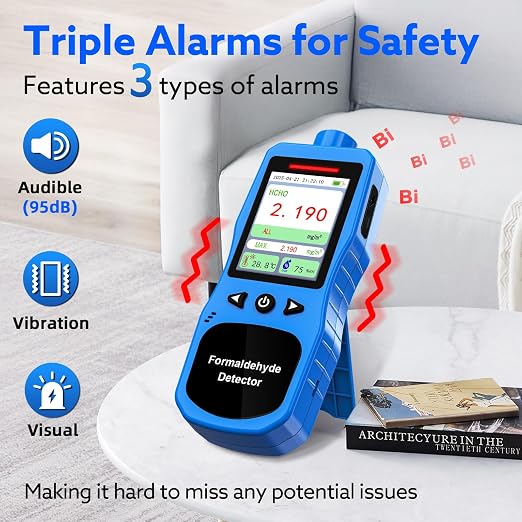 Formaldehyde Detector, Rechargeable HCHO Monitor with Vibration, Visual & Sound Alarms, Temperature Humidity Meter
