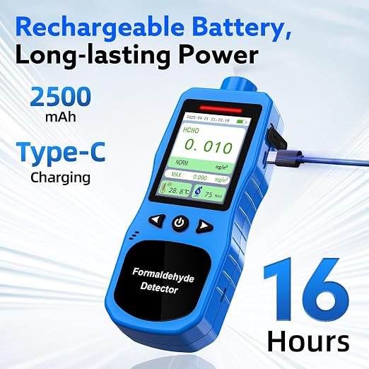 Formaldehyde Detector, Rechargeable HCHO Monitor with Vibration, Visual & Sound Alarms, Temperature Humidity Meter