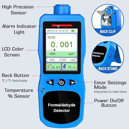 Formaldehyde Detector, Rechargeable HCHO Monitor with Vibration, Visual & Sound Alarms, Temperature Humidity Meter