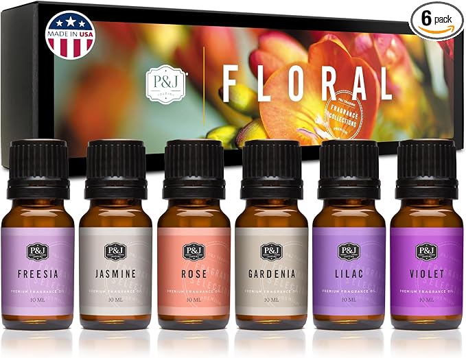 Fragrance Oil Floral Set | Violet, Jasmine, Rose, Lilac, Freesia, and Gardenia Candle Scents for Candle Making, Freshie