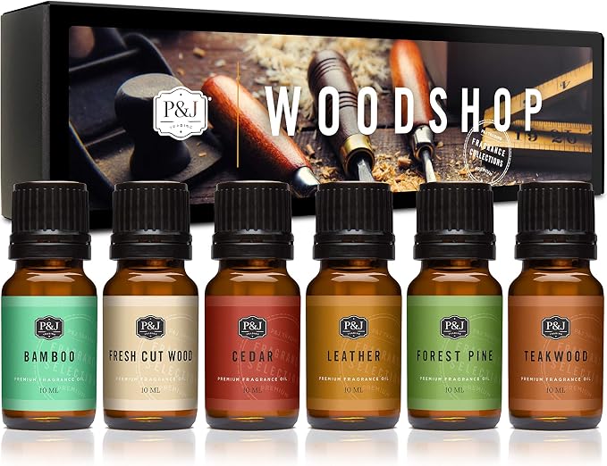 Fragrance Oil Woodshop Set | Forest Pine, Fresh Cut Wood, Leather, Teakwood, Bamboo, and Cedar Candle Scents for Candle